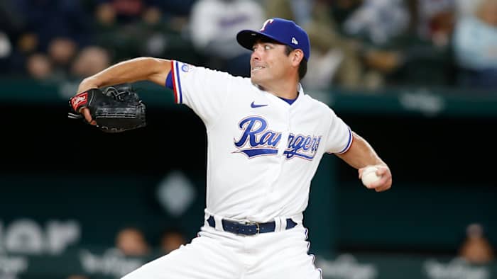Apr 25, 2022; Arlington, Texas, USA; Texas Rangers starting pitcher Matt Moore (45) throws a pitch in the seventh inning against the Houston Astros at Globe Life Field. Mandatory Credit: Tim Heitman-USA TODAY Sports